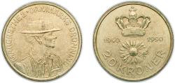 World Coins - Denmark 1990 LG 20 Kroner - Margrethe II (50th Birthday) Aluminium bronze (1101000) 9.32g UNC KM 870 Schön 91