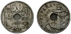 World Coins - Spain Nationalist Government Francisco Franco 1949 *19-51 50 Centimos Anchor, Arrows down