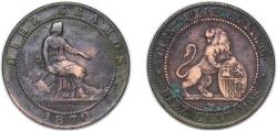 World Coins - Spain Provisional Government 1870 OM 10 Centimos - Provisional Government Bronze (95% copper, 4% tin, 1% zinc) Barcelona Mint (170088000) 9.89g VF KM 663 Cal 24