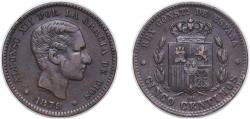 World Coins - Spain Kingdom 1879 OM 5 Centimos - Alfonso XII Bronze (95% copper, 4% tin, 1% zinc) (54994000) 4.85g XF KM 674 Cal 70