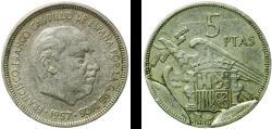 World Coins - Spain Nationalist Government 1957 5 Pesetas - Francisco Franco Mint Error Planchet Damage Copper-nickel (75% copper, 25% nickel) Madrid Mint 5.78g VF  KM 786