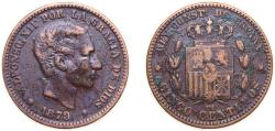 World Coins - Spain Kingdom 1879 OM 5 Centimos - Alfonso XII Bronze (95% copper, 4% tin, 1% zinc) Barcelona Mint (54994000) 5g VF KM 674 Cal 73