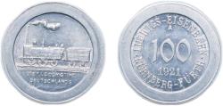 World Coins - Germany Germany - 1871-1948 Weimar Republic 1921 A 100 Pfennig (Nürnberg-Fürth) [Railroad, Bavaria] Aluminium 1.5g UNC Men05 19217.1 Men18 24057.1