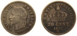 World Coins - France Second Empire 1867 BB 20 Centimes - Napoleon III Silver (.835) Strasbourg Mint (3114264) 1g VF F 150 Gad 309 KM 808
