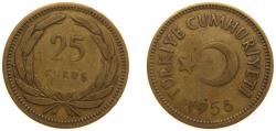 World Coins - Turkey Republic 1956 25 Kuruş Brass (70% Copper, 30% Zinc) (14376000) 4.5g XF KM 886 Schön 401