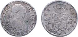 World Coins - Spain Kingdom 1808 M IG 2 Reales - Carlos IV Silver (.806) Madrid Mint 6g VF KM 430.1