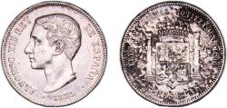World Coins - Spain Kingdom 1875 *18-75 DEM 5 Pesetas - Alfonso XII (1st portrait;legend in edge) Silver (.900) Madrid Mint (8641000) 25g VF KM 671 Cal 25