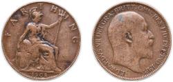 World Coins - Great Britain United Kingdom 1908 1 Farthing - Edward VII Bronze (4264900) 2.8g VF KM 792 Sp 3992