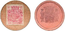 World Coins - Spain Spanish notgeld Nationalist Government 1938 15 Centimos (Especial Movil; round coat of arms) Cardboard 0.51g XF  Miró 77 P 96R