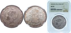 World Coins - Spain Kingdom 1893 PGL 5 Pesetas - Alfonso XIII (2nd portrait) Silver (.900) (2500000) 25g NGC AU 55 KM 700 Cal 19