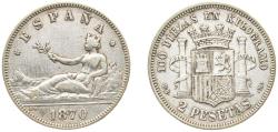 World Coins - Spain Provisional Government 1870 *18-74 DEM 2 Pesetas Silver (.835) Madrid Mint (14892932) 10g VF KM 654