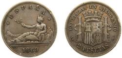 World Coins - Spain Provisional Government 1869 *18-69 SNM 2 Pesetas Silver (.835) Madrid Mint (3269853) 10g VF KM 654