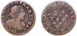 World Coins - France Kingdom 1638 Double Tournois - Louis XIII Copper Axe Loire-Rhône Mint 2.09g VF CGKL 512 Dy royales 1372
