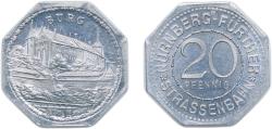 World Coins - Nuremberg and Fürth, Cities of ND 20 Pfennig - Burg (Nürnberg-Fürth) Aluminium L. Chr. Lauer Mint 1.2g UNC Men05 19256.6 Men18 24102.6 Eklund 1251