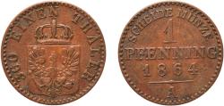 World Coins - Germany Kingdom of Prussia German states 1864 A 1 Pfenning - Wilhelm I Copper Berlin Mint 1.41g XF  AKS 108 Old/Mue 2 426, 429, 433 KM 480 Kahnt/Schön 84 Neum 19