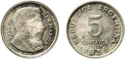 World Coins - Argentina Federal Republic 1956 5 Centavos (smaller head; smooth edge) Copper-nickel clad steel Buenos Aires Mint (36870000) 2.02g AU  KM 50 CJ 249-251 Schön 49a.2