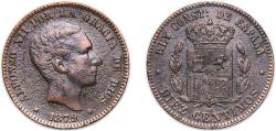 World Coins - Spain 1879 OM 10 Centimos - Alfonso XII Bronze (95% copper, 4% tin, 1% zinc) (56313000) 10.02g VF  KM 675 Cal 66