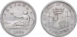 World Coins - Spain Provisional Government 1869 *18-69 SNM 2 Pesetas - Provisional Government Silver (.835) Madrid Mint 9.91g VF KM 654