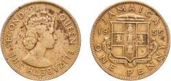 World Coins - Jamaica British colony 1955 1 Penny - Elizabeth II (Arms without supporters) Nickel brass Royal Mint (Tower Hill) (960000) 7.52g VF  KM 37