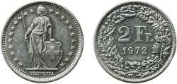 World Coins - Switzerland 1972 2 Francs (Helvetia standing; copper-nickel) Copper-nickel (75% copper, 25% nickel) Bern Mint (5003000) 8.86g UNC  HMZ 2 1202 Divo/Tob19 304a KM 21a Schön 29a Schö