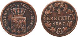 World Coins - Germany Kingdom of Bavaria German states 1867 1 Kreuzer - Louis II Billon (.166 silver) Munich Mint (2304660) 0.84g VF  AKS 183 Jaeg 5 Bay 93 KM 873 Wittelsbach 3015
