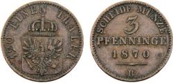 World Coins - Germany States Kingdom of Prussia Wilhelm I 1870 B 3 Pfenninge