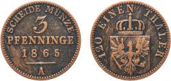 World Coins - Germany Kingdom of Prussia German states 1865 A 3 Pfenninge - William I Copper Berlin Mint 4.23g VF  AKS 106 Old/Mue 2 424, 427, 431 KM 482 Neum 17 Schr 162-188