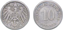 World Coins - Germany - 1871-1948 1899 E 10 Pfennig - Wilhelm II (type 2 - small shield) Copper-nickel (2175280) 3.96g XF KM 12 AKS 12 J 13 Schön 13 Neum 30