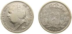 World Coins - France Kingdom 1823 W 1 Franc - Louis XVIII Silver (.900) Lille Mint (276931) 4.9g VF F 206 Gad 449 KM 709.12