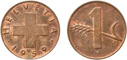 World Coins - Switzerland Federal State 1959 B 1 Rappen (wheat spike) Bronze (95% copper, 4% tin, 1% zinc) Bern Mint (5582000) 1.5g UNC  HMZ 2 1216 Divo/Tob19 328 KM 46 Schön 41 Y 54