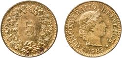 World Coins - Switzerland Federal State 1983 5 Rappen (Libertas; aluminium-bronze) Aluminium bronze (92% copper, 6% aluminium, 2% nickel) Bern Mint (92746000) 1.82g UNC  HMZ 2 1212 Divo/Tob19 –