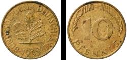 World Coins - Germany 1991 A 10 Pfennigs Brass clad steel (90% Iron, 10% Brass) Berlin Mint (170000000) 4.03g XF  KM 108 J 383 Schön 106
