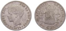 World Coins - Spain Kingdom Alfonso XIII 1896 *?-6 PGV 50 Centimos 3rd portrait 2.5g