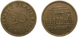 World Coins - Germany  Saar Protectorate 1954 20 Franken Aluminium-bronze (Al 85, Cu 15) Paris mint 4g AU KM2 J802 Schön2