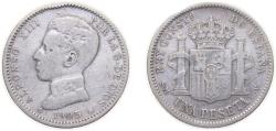 World Coins - Spain Kingdom 1905 *19-0? SMV 1 Peseta - Alfonso XIII (4th portrait) Silver (.835) Madrid Mint (492000) 5g VF KM721