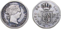 World Coins - Spain Kingdom 1863 1 Real - Isabel II Silver (.900) Seville Mint 1.3g VF KM606.3