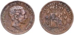 World Coins - Spain Kingdom 1878 OM 10 Centimos - Alfonso XII Bronze (95% copper, 4% tin, 1% zinc) Casa de la Moneda de Barcelona, La Seca 9.87g XF KM 675 Cal 66