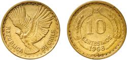 World Coins - Chile Republic 1968 So 10 Centésimos Aluminium bronze Casa de Moneda de Chile Mint (8040000) 8.09g XF  KM 191