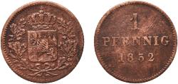 World Coins - Germany Kingdom of Bavaria German states 1852 1 Pfennig - Ludwig I / Maximillian II Copper Munich Mint (2634000) 1.13g VF  AKS 94; 160 Jaeg 5 Bay 56 KM 797 Wittelsbach 2775