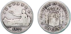 World Coins - Spain Provisional Government 1870 SNM 50 Centimos - Provisional Government Silver (.835) (538808) 2.4g VF  KM 651