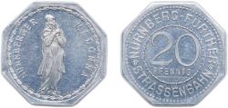World Coins - Nuremberg and Fürth, Cities of ND 20 Pfennig - Nürnberger Madonna (Nürnberg-Fürth) Aluminium L. Chr. Lauer Mint 1.2g AU Men05 19256.27 Men18 24102.27 Eklund 1242