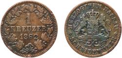 World Coins - Germany Duchy of Nassau German states 1862 1 Kreuzer - Adolphe Copper Wiesbaden Mint (609990) 4.09g VF  AKS 72 Jaeg 7 NW 58 KM 74 Kahnt/Schön 71 C 54