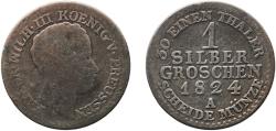 World Coins - Germany Kingdom of Prussia 1824 A 1 Silber Groschen - Friedrich Wilhelm III Billon (.222 silver) Berlin Mint 1.99g F  AKS 27 Olding FR 186, 200 KM 410 Neum 73 Schr 447-81