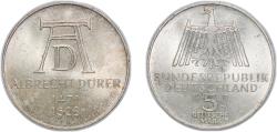 World Coins - Germany German states 1971 D 5 Deutsche Mark (Albrecht Dürer) Silver (.625) (7800000) 11.12g BU  KM 129 J 410 Schön 128