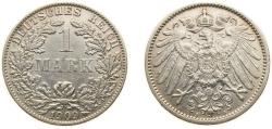 World Coins - Germany Second Empire 1909 A 1 Mark - Wilhelm II (type 2 - small shield) Silver (.900) Berlin Mint (4150849) 5.556g XF KM 14 AKS 2 J 17 Schön DM 18