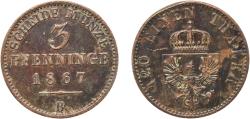 World Coins - Germany Kingdom of Prussia German states 1867 B 3 Pfenninge - William I Copper Hanover Mint 4.33g VF Damage  AKS 106 Old/Mue 2 424, 427, 431 KM 482 Neum 17 Schr 162-188
