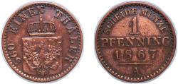 World Coins - Germany Kingdom of Prussia German states 1867 A 1 Pfenning - William I Copper 1.47g XF AKS 108 Old/Mue 2 426, 429, 433 KM 480 Kahnt/Schön 84 Neum 19