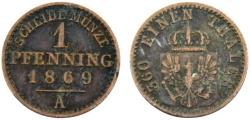 World Coins - Germany State Kingdom of Prussia Wilhelm I 1869 A 1 Pfenning