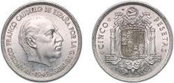 World Coins - Spain Nationalist Government 1949 *19-49 5 Pesetas - Francisco Franco Nickel (612000) 15.09g UNC  KM 778 Cal 45 Schön 30