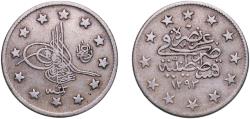 World Coins - Ottoman Empire 1895 (AH1293 ٢٣) 2 Kurus - Abdülhamid II ("el-Ghazi" right of Toughra) Silver (.830) Konstantiniyye / Qustantiniyah Mint (3139000) 2.37g VF  KM 736